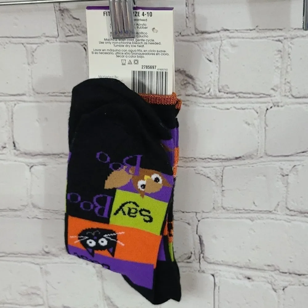 Halloween Black Cat Ghost Owl Crew Socks Women 4-10 Just Say Boo NWT Spooky Cute